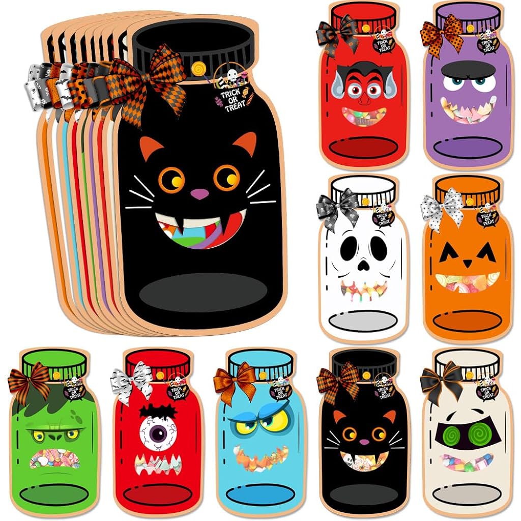 HASTHIP® 18 Set Halloween Treat Bag Fillers with Gift Cards Happy Halloween Mason Jar Candy Holder for Kids DIY Skull Black Cat Candy Card Gifts HASTHIP® 18 Set Halloween Treat Bag Fillers with Gift Cards Happy Halloween Mason Jar Candy Holder for Kids DIY Skull Black Cat Candy Card Gifts